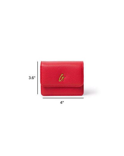 Red MINI PEBBLE WOC handbag featuring a textured finish and gold logo, measuring 3.6 inches by 4 inches.