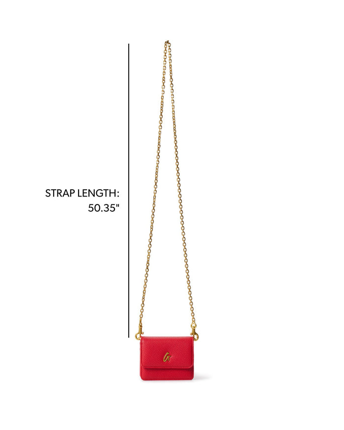 Red MINI PEBBLE WOC handbag with a gold chain strap, showcasing a chic and stylish design for affordable luxury.