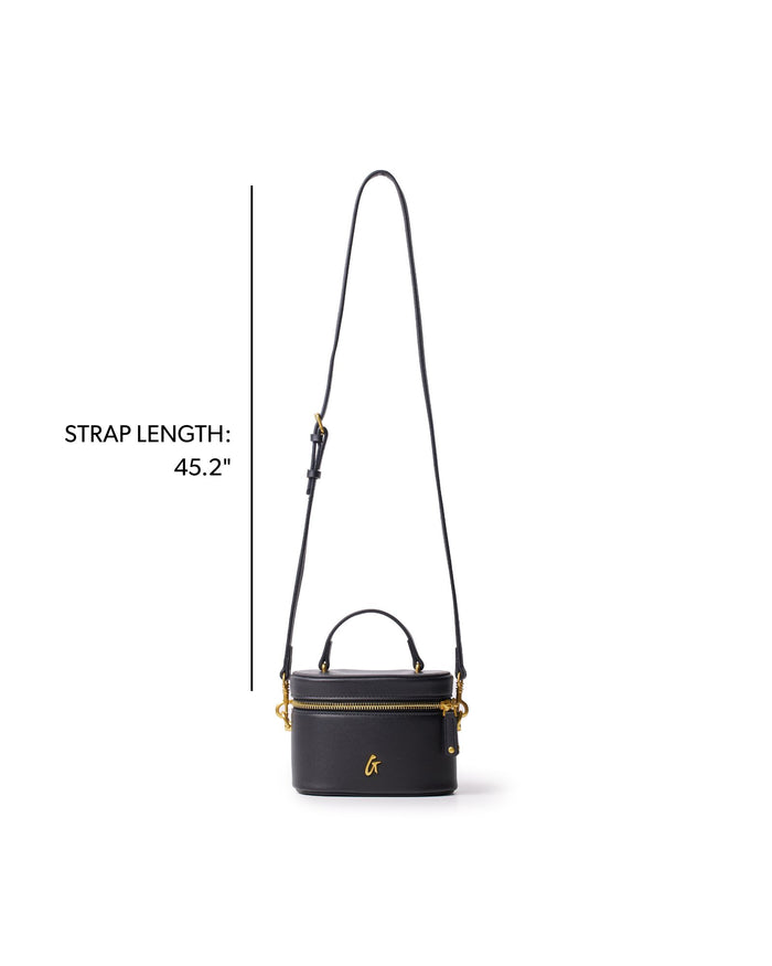 Mini smooth gold vanity bag in black with a stylish design and a 45.2-inch adjustable strap for versatile wear.