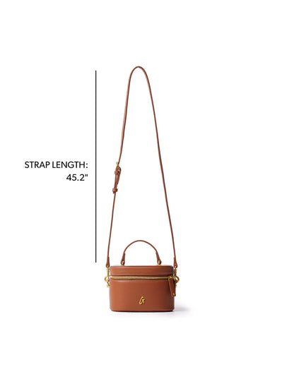 Mini smooth gold vanity bag in brown with a detachable strap, perfect for stylish, on-the-go organization.