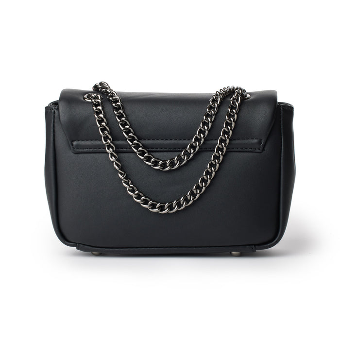 Black mini standard flap bag with a silver chain strap, sleek design, and smooth leather finish.
