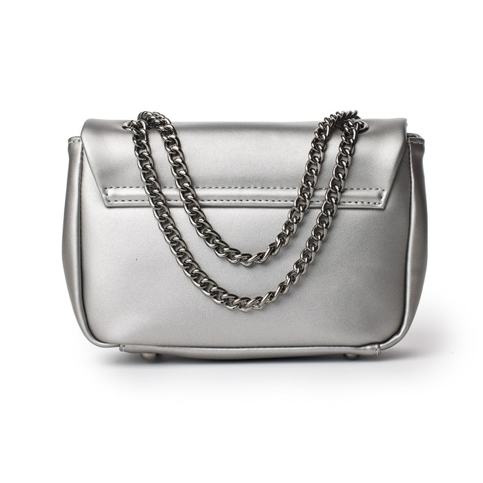 Mini platinum flap bag with a silver finish and chain strap, featuring a sleek, modern design on a white background.