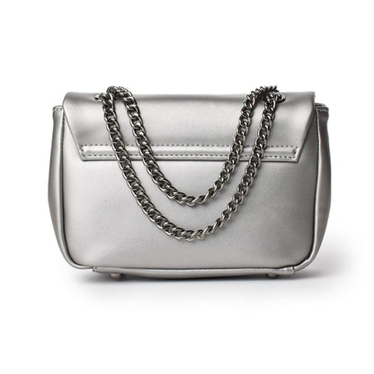 Mini platinum flap bag with a silver finish and chain strap, featuring a sleek, modern design on a white background.