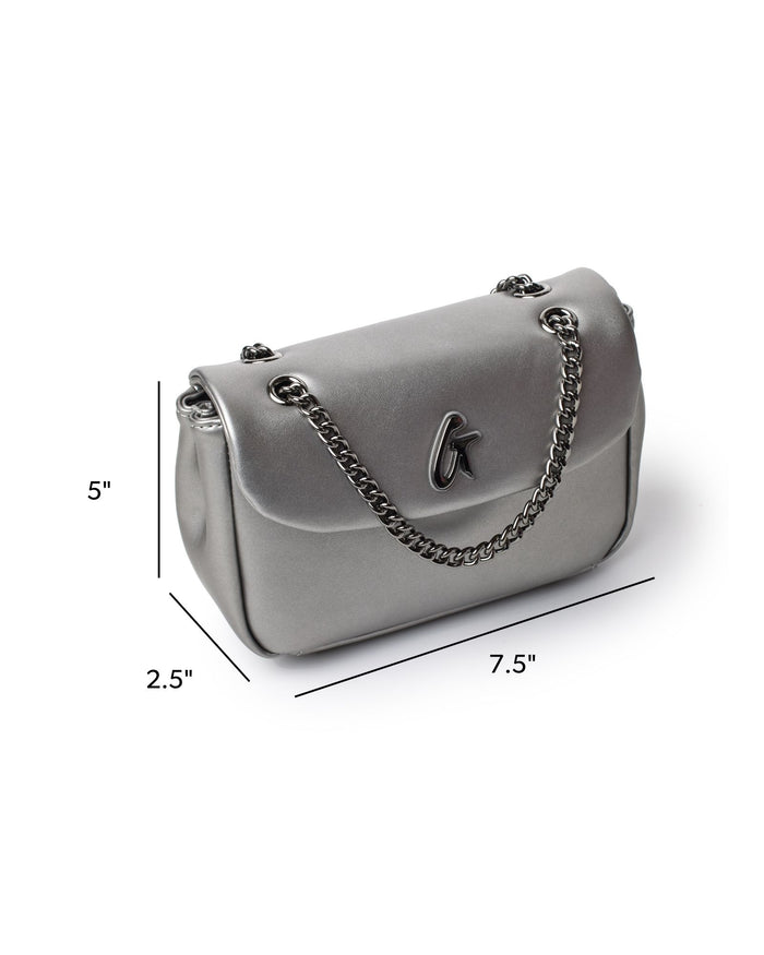 Mini Standard Flap Bag in platinum with a sleek design, chain strap, and logo detail, perfect for stylish outings.