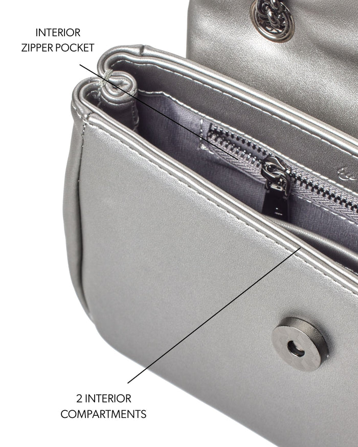Mini Standard Flap Bag in platinum with interior zipper pocket and two compartments for organized storage.