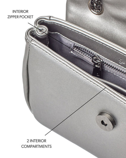 Mini Standard Flap Bag in platinum with interior zipper pocket and two compartments for organized storage.