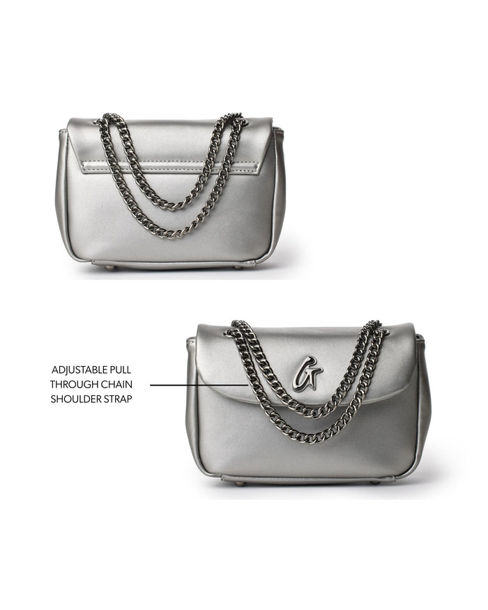 Mini Standard Flap Bag in platinum with adjustable pull-through chain shoulder strap for versatile styling.
