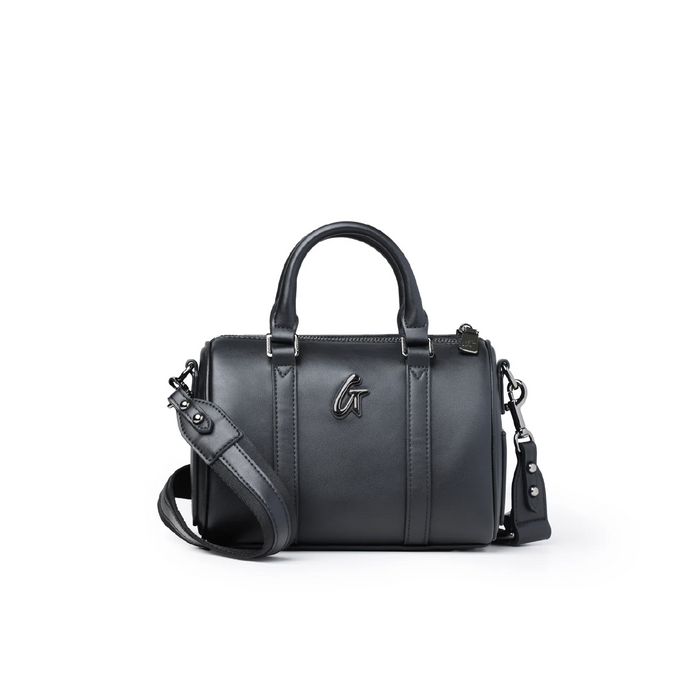 Mini Standard Gal Boston Bag in black, featuring a sleek design, dual handles, and an adjustable shoulder strap.