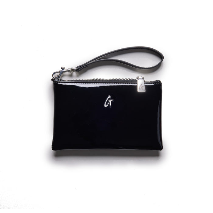 Mini silver wristlet with a mirror black finish, featuring a silver zipper and logo charm, and a black wrist strap.