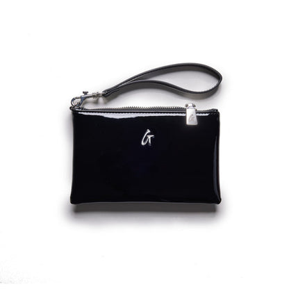 Mini silver wristlet with a mirror black finish, featuring a silver zipper and logo charm, and a black wrist strap.