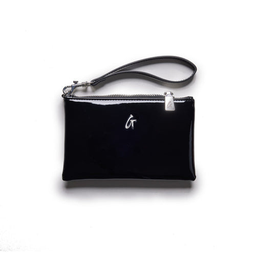 Mini silver wristlet with a mirror black finish, featuring a silver zipper and logo charm, and a black wrist strap.