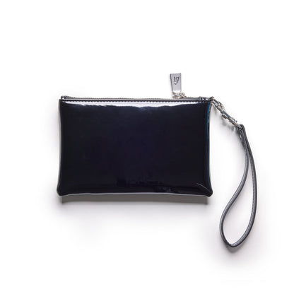 Mini silver wristlet with a mirror black finish, featuring a wrist strap and a zipper closure.