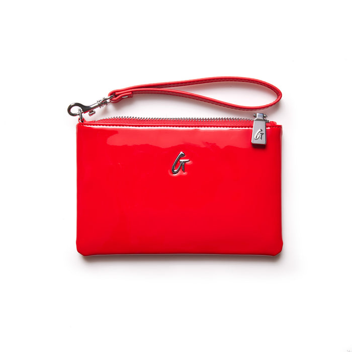 Mini silver wristlet with a mirror red finish, featuring a silver logo and a wrist strap, on a white background.