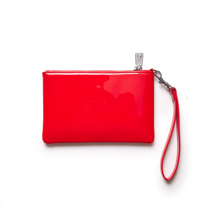 Mini silver wristlet with a mirror red, shiny finish, zip closure, and attached wrist strap on a white background.