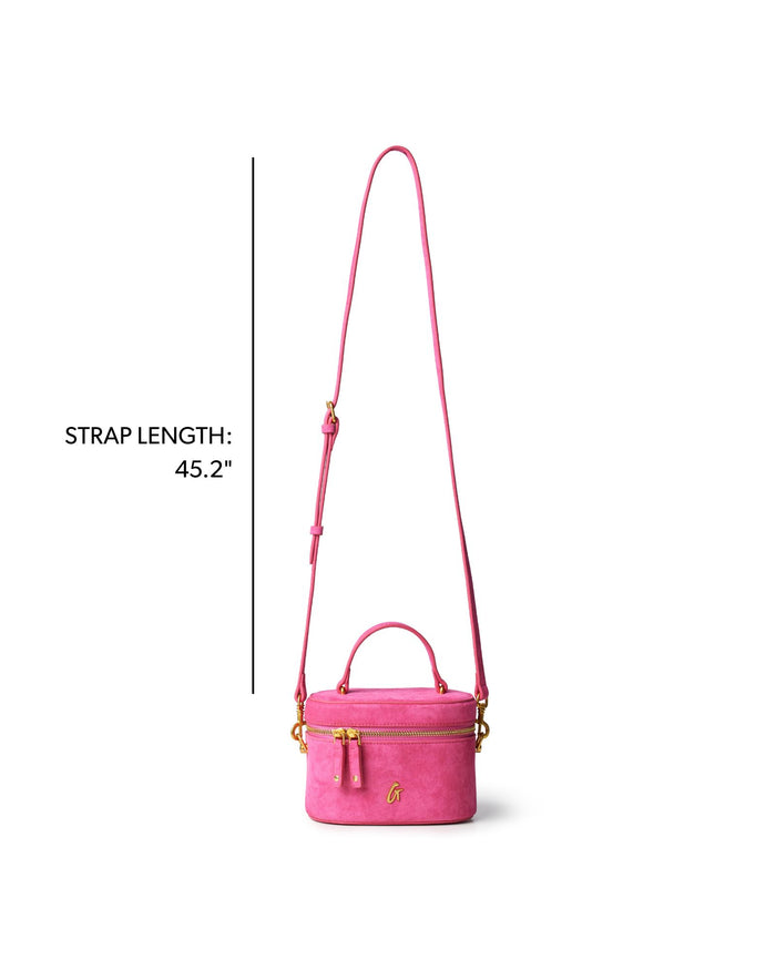 Hot pink mini suede vanity bag with a detachable strap and gold accents, perfect for stylish on-the-go storage.