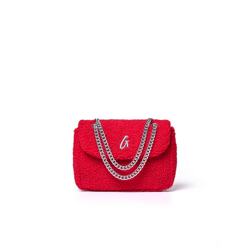 Mini Teddy flap bag in vibrant red with a textured finish and silver chain strap, perfect for stylish outings.