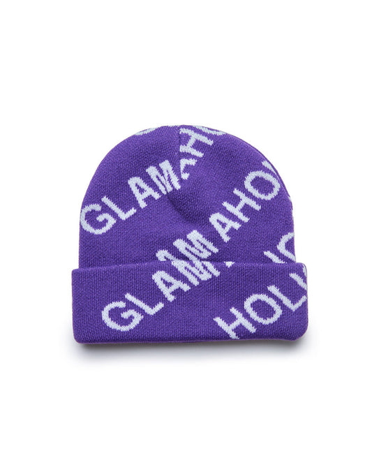 Purple beanie with "Glamour" text pattern, folded brim, soft knit fabric, stylish and warm accessory.