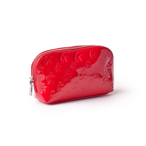 Red glossy monogram cosmetic pouch with embossed logo pattern and silver zipper, designed for makeup and accessories.