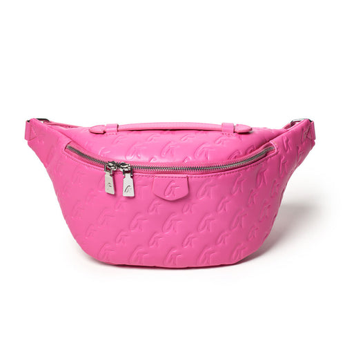 Pink monogram embossed nylon fanny pack with silver zipper and adjustable strap, designed for casual, hands-free style.