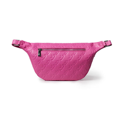 Hot pink monogram fanny pack with embossed logo pattern and front zipper pocket. Adjustable strap for a secure fit.