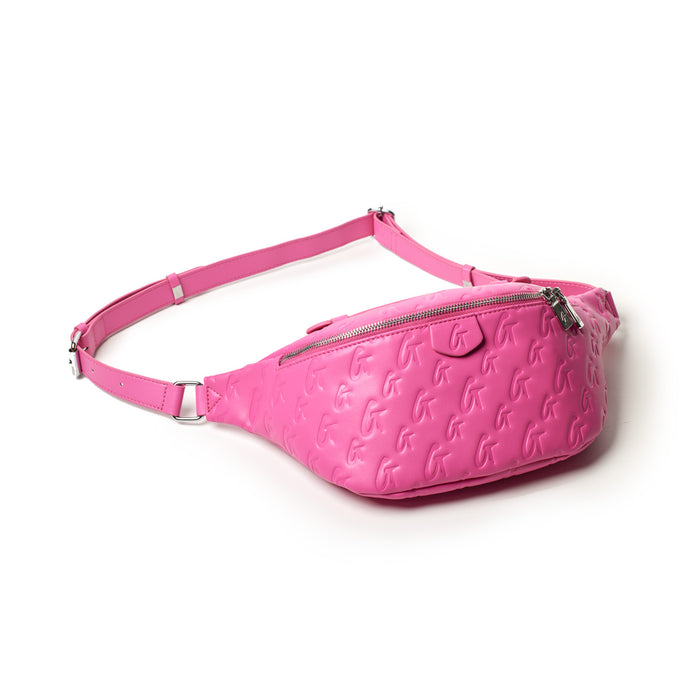 Pink monogram fanny pack with embossed logo pattern, adjustable strap, and zippered main compartment.