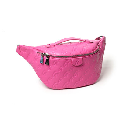 Pink monogram Fanny Pack with embossed logo pattern, zip closure, and adjustable strap for stylish, hands-free convenience.
