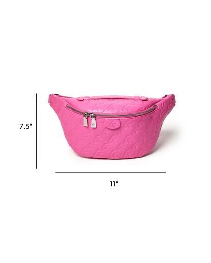 Hot pink monogram fanny pack with a zippered closure, measuring 11 inches wide and 7.5 inches high.