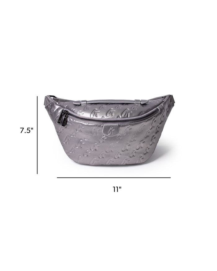 Platinum monogram fanny pack with embossed logo, featuring a zip closure and a sleek, stylish design.