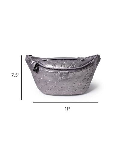 Platinum monogram fanny pack with embossed logo, featuring a zip closure and a sleek, stylish design.
