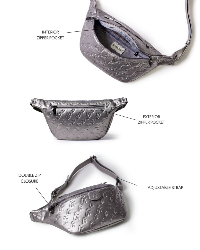 Platinum monogram fanny pack featuring exterior and interior zipper pockets, double zip closure, and adjustable strap.