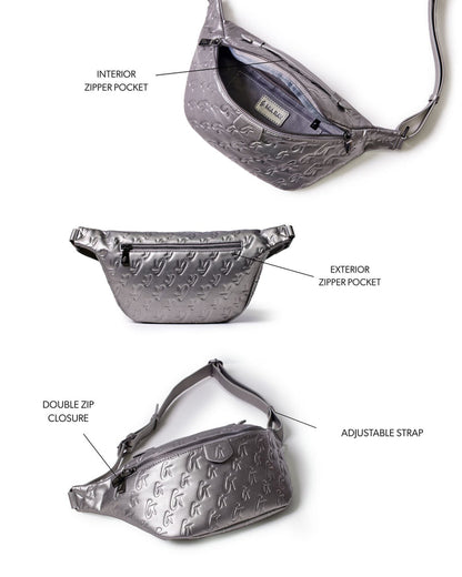 Platinum monogram fanny pack featuring exterior and interior zipper pockets, double zip closure, and adjustable strap.