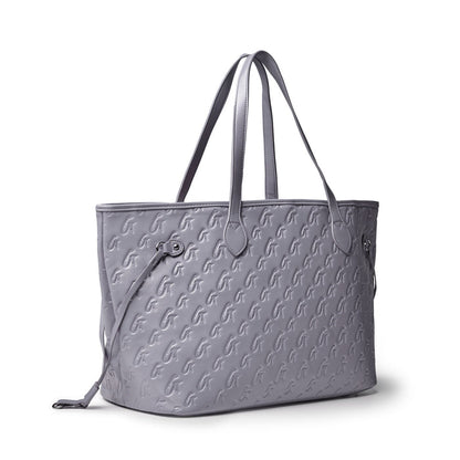 Gray monogram tote bag with embossed logo, featuring dual handles and a spacious interior for everyday essentials.