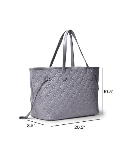 Gray monogram tote bag with stylish embossed design, featuring dual handles and spacious interior for everyday use.