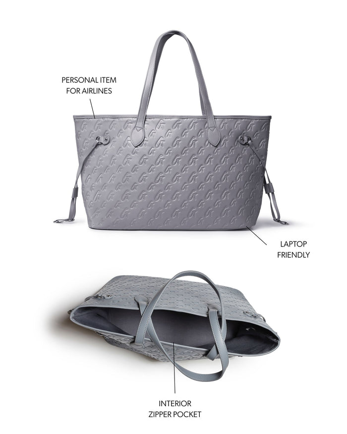 Gray monogram tote bag featuring a spacious design, laptop-friendly capacity, and an interior zipper pocket.