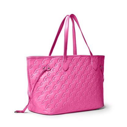 Hot pink monogram tote bag with dual handles and embossed logo, perfect for stylish everyday use.