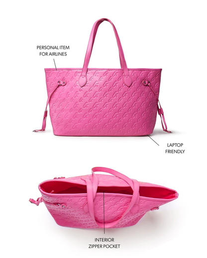 Hot pink monogram tote bag with laptop-friendly design and interior zipper pocket, ideal for stylish travel.