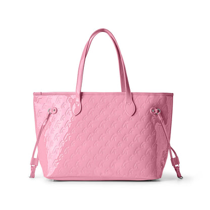 Stylish mirror pink tote bag featuring a monogram design and adjustable drawstring sides, perfect for everyday use.