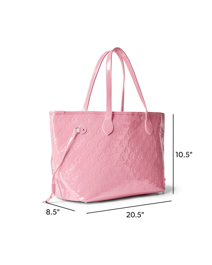 Stylish mirror pink monogram tote bag with dual handles, perfect for everyday use and chic outings.
