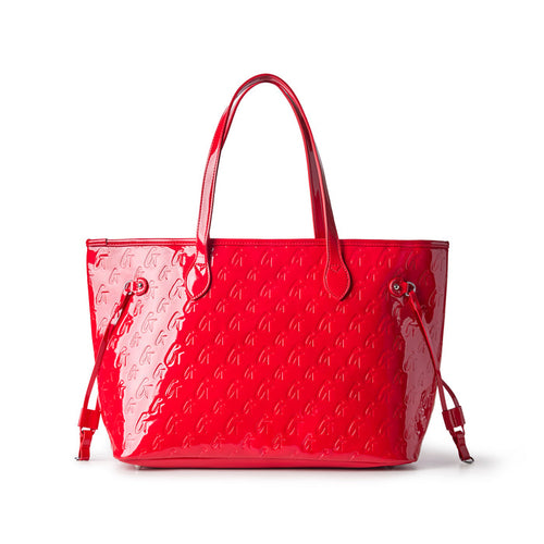 Shiny mirror red monogram tote bag with dual handles and adjustable side ties, perfect for stylish everyday use.