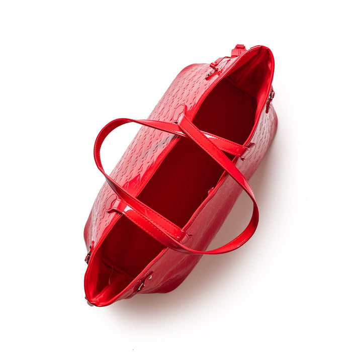 Stylish mirror red monogram tote bag with spacious interior and dual handles for versatile carrying options.