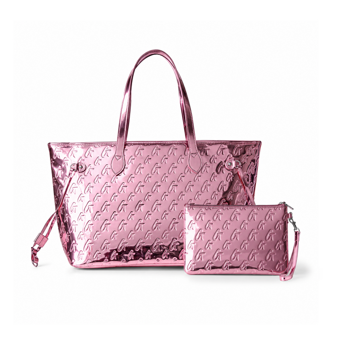 Metallic pink monogram glam tote with matching wristlet, perfect for stylish and affordable luxury.