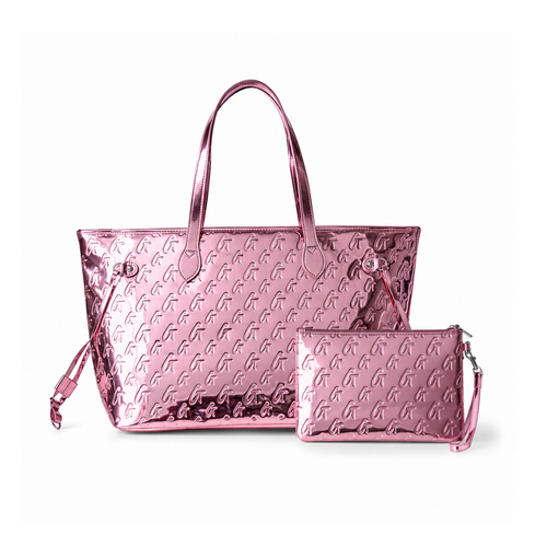 Metallic pink monogram glam tote with matching wristlet, perfect for stylish and affordable luxury.