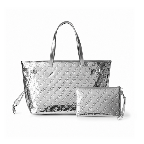Metallic silver monogram glam tote with matching wristlet, perfect for stylish and affordable luxury.