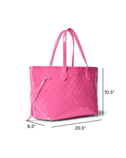 Hot pink monogram tote with wristlet, featuring a glossy finish and spacious design for stylish everyday use.