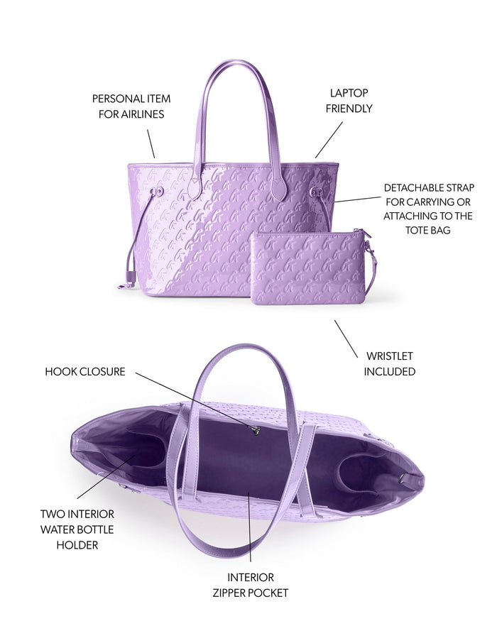 Lavender monogram tote with wristlet, featuring laptop-friendly design, interior pockets, and detachable strap.