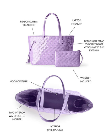 Lavender monogram tote with wristlet, featuring laptop-friendly design, interior pockets, and detachable strap.