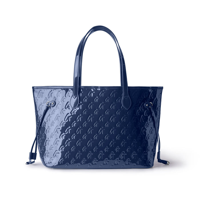 Navy monogram tote bag with glossy finish and matching wristlet, perfect for stylish everyday use.