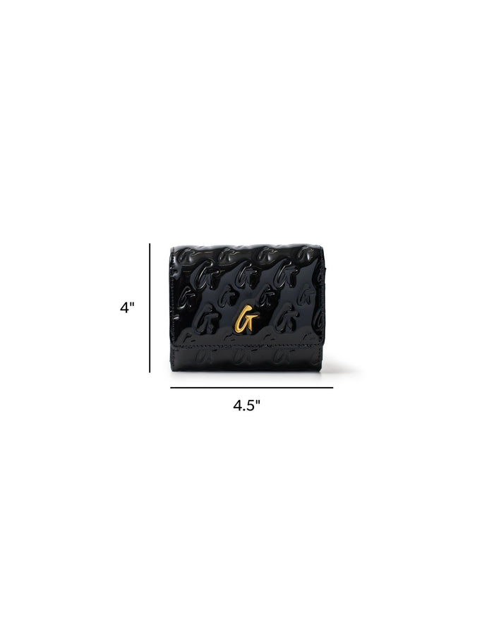 Compact black wallet with embossed monogram design and gold logo, measuring 4 by 4.5 inches. Ideal for stylish organization.