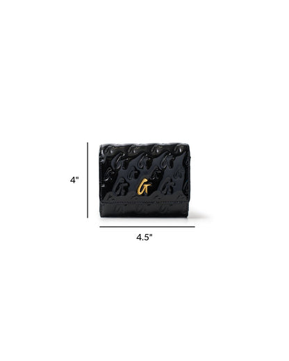 Compact black wallet with embossed monogram design and gold logo, measuring 4 by 4.5 inches. Ideal for stylish organization.