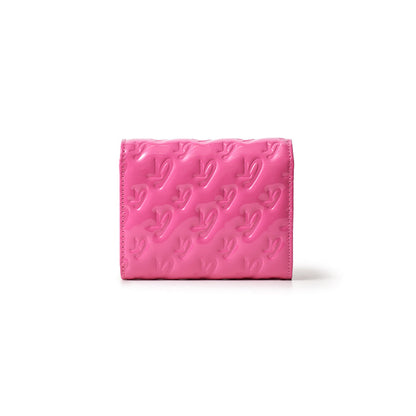 Pink Monogram Gold Compact WOC with embossed logo pattern and mirror, designed for elegant makeup touch-ups.